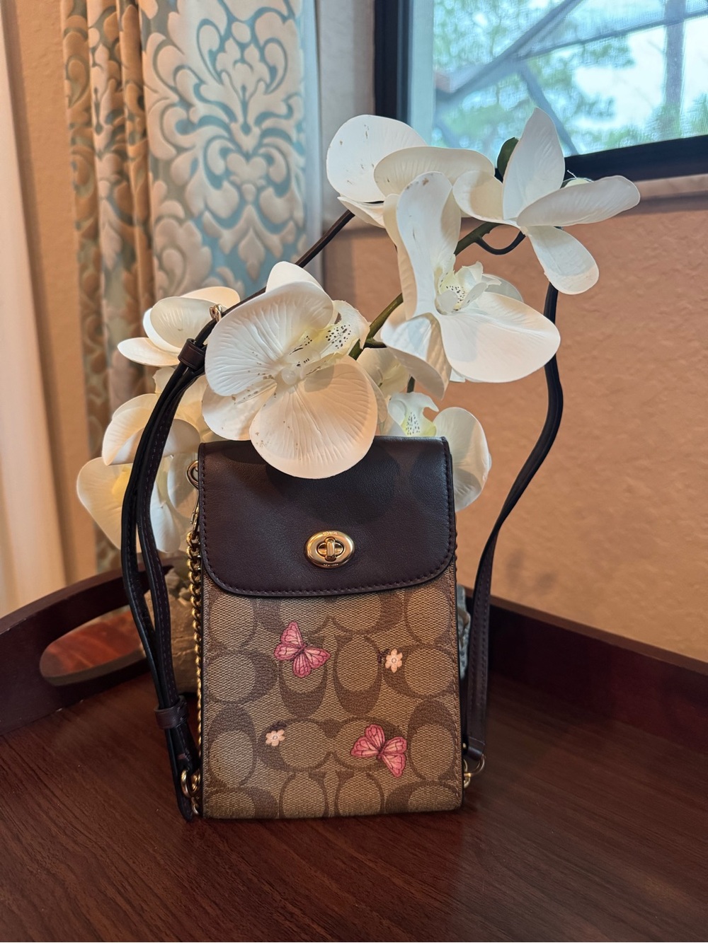 Coach Butterfly Pattern Signature Crossbody in Brown with Pink Accents